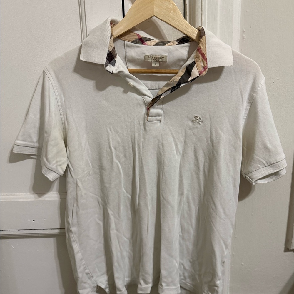 Burberry White Polo with Iconic Check Collar Detail